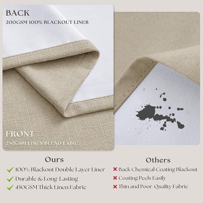 Oatmeal Pinch Pleated 100% Blackout Linen Curtains 80 Inch Length 2 Panels | - Image 6