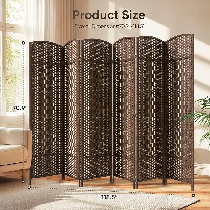 Rattan Room Divider, 6-Panel Folding Privacy Screen 6ft. Extra Wide | Double - Image 2