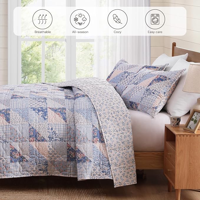 Twin/Twin XL Quilt Set-2 Pieces Soft Bedding Floral Patchwork Coverlet | All - Image 4