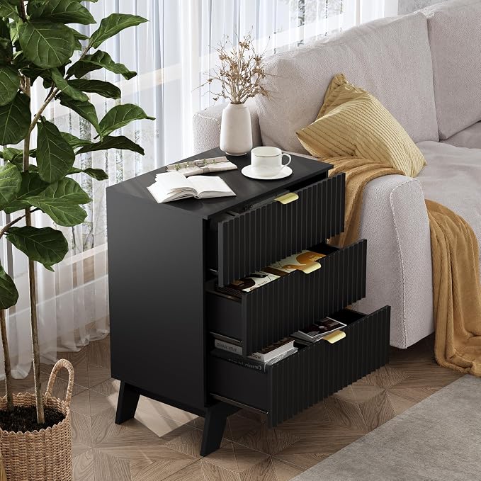 Night Stand Set 2, Bedside Table & End Table, Mid Century Modern Fluted Wood - Image 4