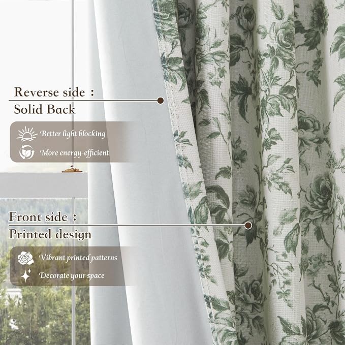 Sage Green Linen Floral Blackout Curtains, W52 x L96, 2 Panels | French Country - Image 7