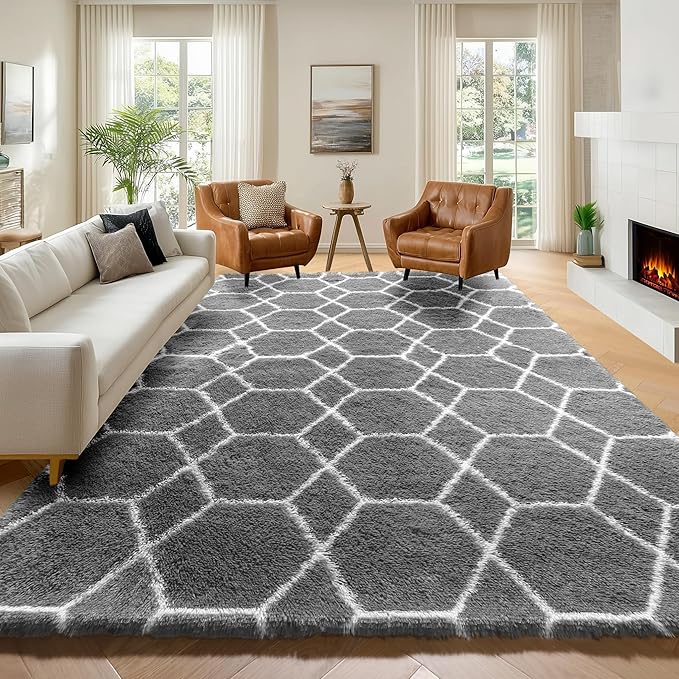 7x9 Area Rugs for Living Room Bedroom, Large Fluffy Grey and White Throw Rug by ONASAR