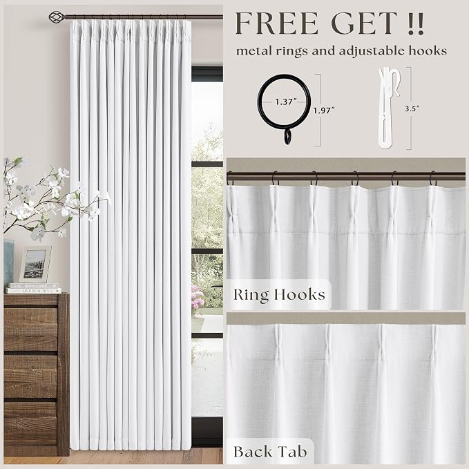 Snow White Pleated Linen 100% Blackout Curtains 102 Inches Long | Pinch Pleat - Image 5