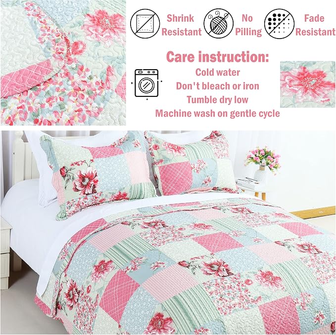 Cmfshape Summer Floral King Quilted Bedspread, Romantic Pink Quilt Set King - Image 7