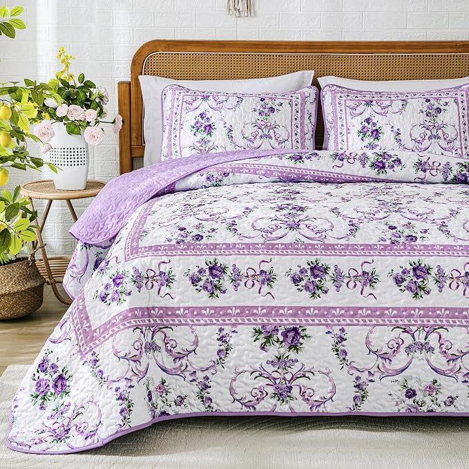 Anibedding Purple Queen Quilt Set, 3 Pieces Floral Pattern Quilts Bedspread | - Image 8
