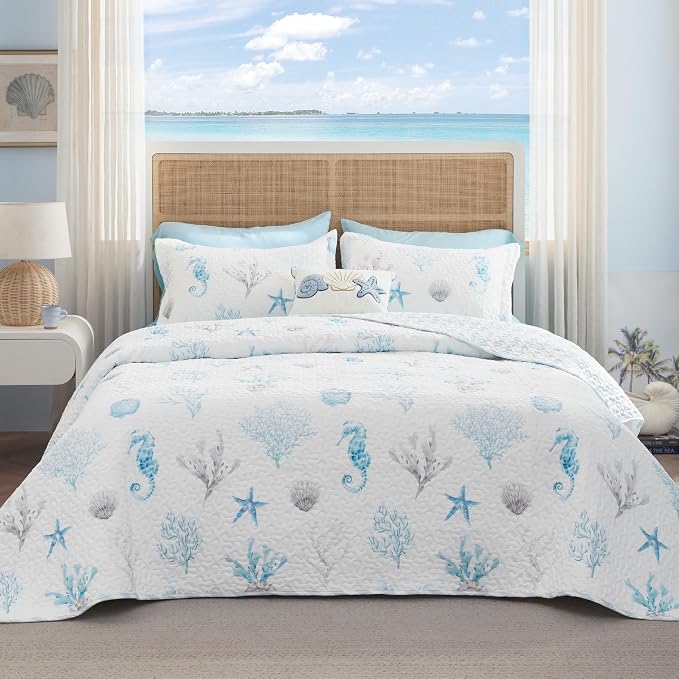 Bedsure Coastal Bedding King Size, Reversible Beach Quilts, Ocean Comforter | - Image 4