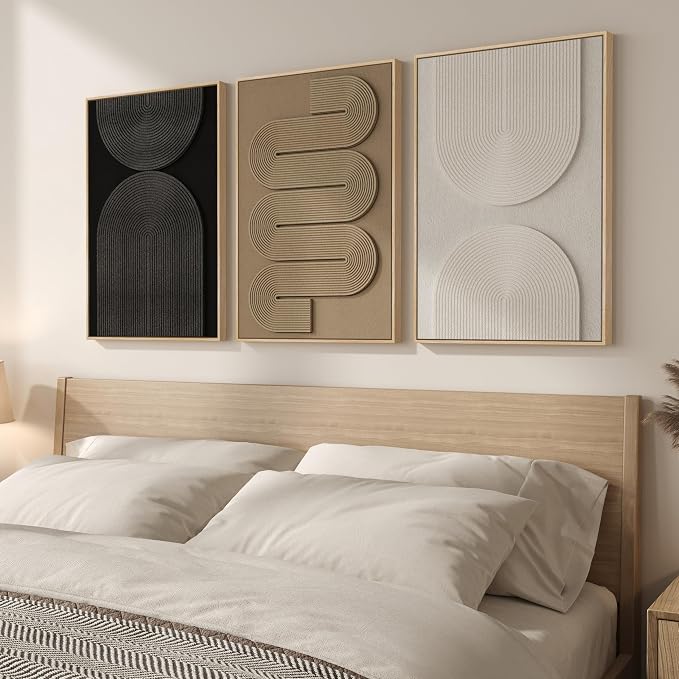 3D Textured Framed Neutral Abstract Geometric Wall Art Set of 3, 16 x 24 In | - Image 2