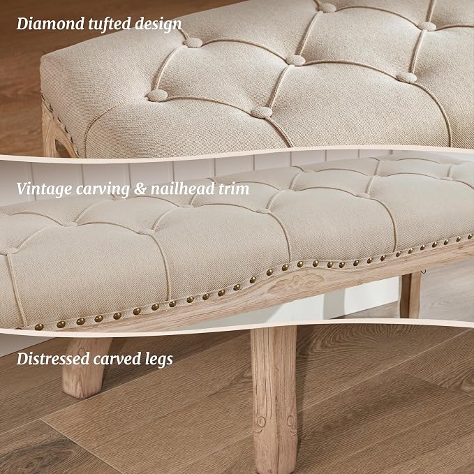 Bedroom Bench, French Vintage Tufted Entryway Bench, 45.2" Carving Upholstered - Image 4