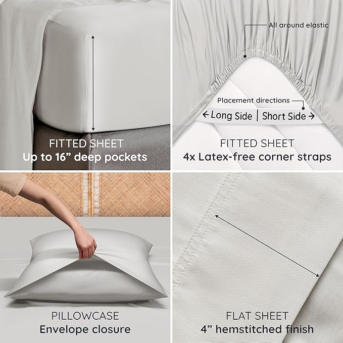 Bambaw 100% Viscose Derived from Bamboo King Size Sheets Set – 4pcs Cooling Sheets for Hot Sleepers, Deep Pocket King Sheet Set Cooling Fits Up to 16'' with Elastic Corner Straps (Moonlight Gray)