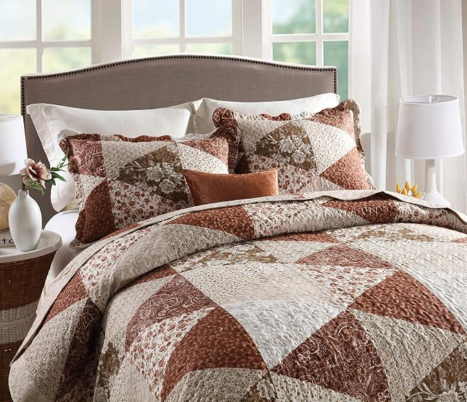 3-Piece King Bedspread Quilt Sets Patchwork Floral Oversized Reversible Quilted - Image 2