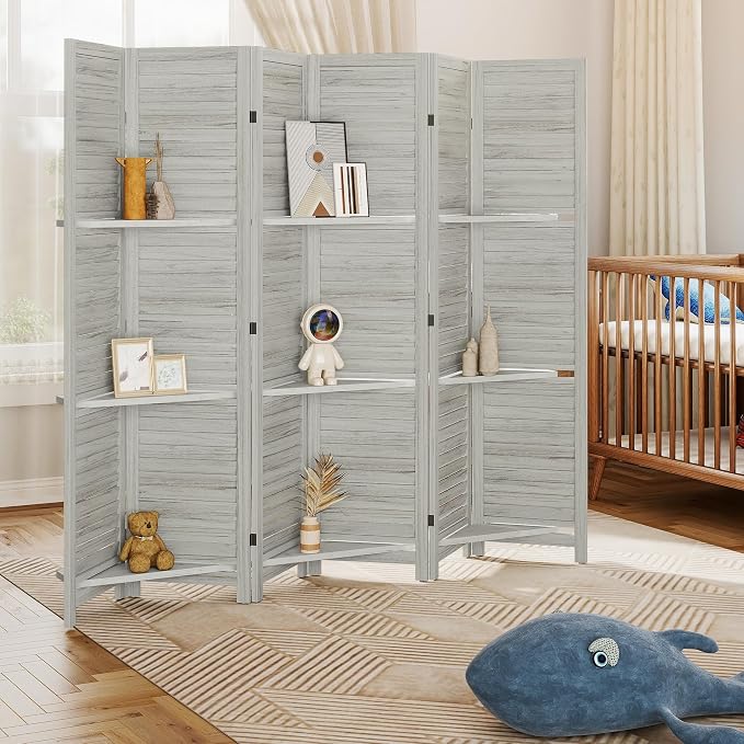 HOMCOM Room Divider with Shelves 6 Panel 67" Wood Screen Distressed White | 3 - Image 9