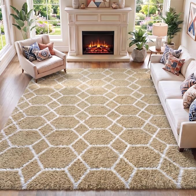 Rugs for Living Room Bedroom, 5x8 Fluffy Beige and White Area Rug, Geometric by ONASAR