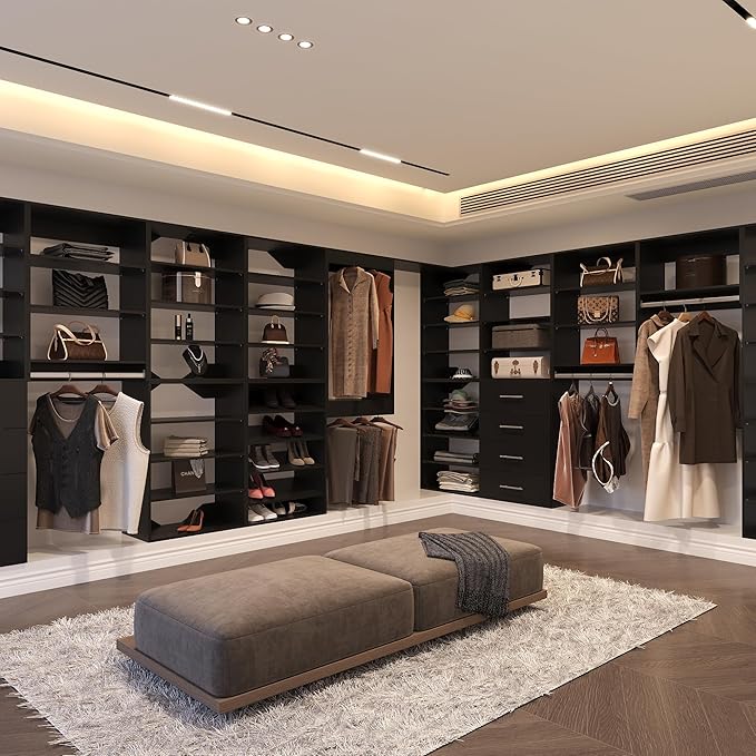 Tall Hanging Closet Unit, Modular Closet System, Wood Closet System Organizer with Storage for Walk In Closets, Clothing Rack Wardrobe Closet for Hanging Clothes, Bedroom, Black, 25.5"W