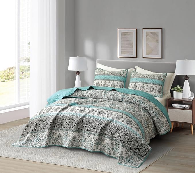 Chezmoi Collection Herald 2-Piece Printed Quilt Set, Aqua Blue Black White Boho - Image 2