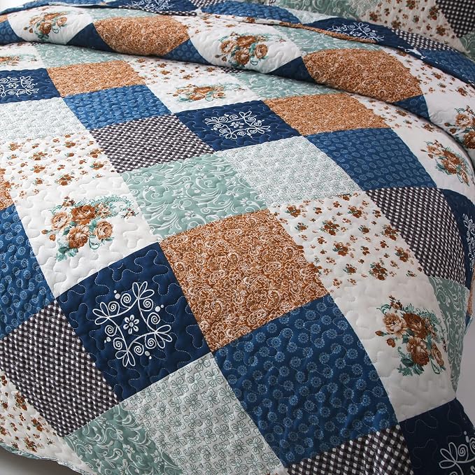 Dinjoy Patchwork Quilt Set Full Size, Reversible Blue Floral Bedspreads | - Image 6