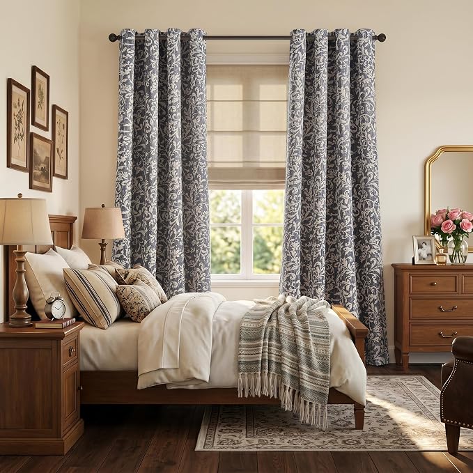 jinchan Blue Floral Blackout Curtians 90 Inch Vintage Grommet 2 Panels | Room - Image 6