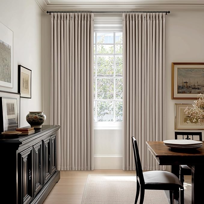 Memory Trained Pinch Pleated 100% Blackout Linen 80 Inch Curtains for Bedroom Room Darkening Light Blocking Burlywood Tan Window Curtain 80 Inches Long Living Room Black Out Pleat Drapes Dual Layer