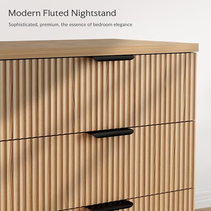 25.6" W Fluted Nightstand with 3 Drawer Dresser, Modern Wood Night Stands | - Image 3