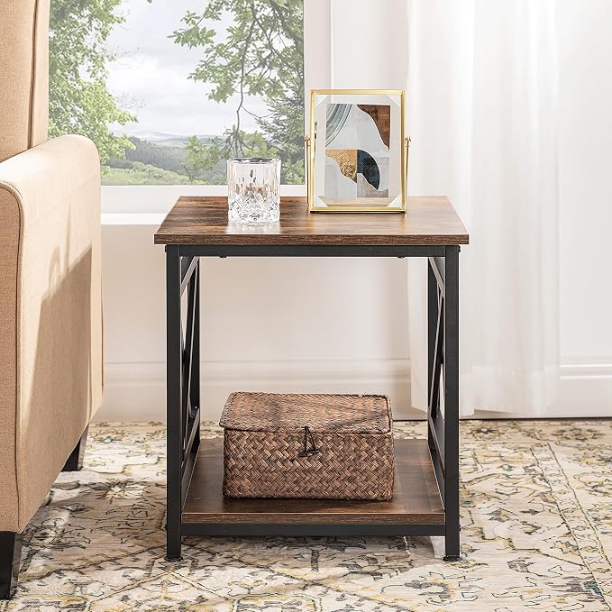 KSWIN Industrial End Table, X-Design Metal Frame, Rustic Brown Nightstand - Image 7