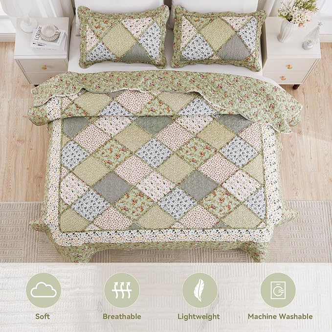 King Size Quilt Set Green Floral Patchwork Quilted Bedspreads Coverlet Set | - Image 3