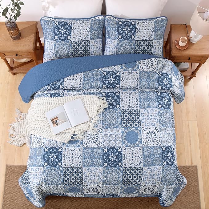 Quilt Set King Boho Plaid Patchwork Bedspreads Coverlet, Mineral Blue | 3Pcs - Image 3