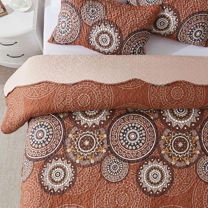 3 Pieces King Size Burnt Orange Rust Quilt Set Lightweight Oversized Bedspread - Image 4
