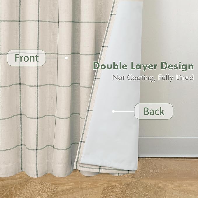 DriftAway 100% Blackout Plaid Linen Curtains W52xL90 Loden Green | 100% Blackout - Image 4