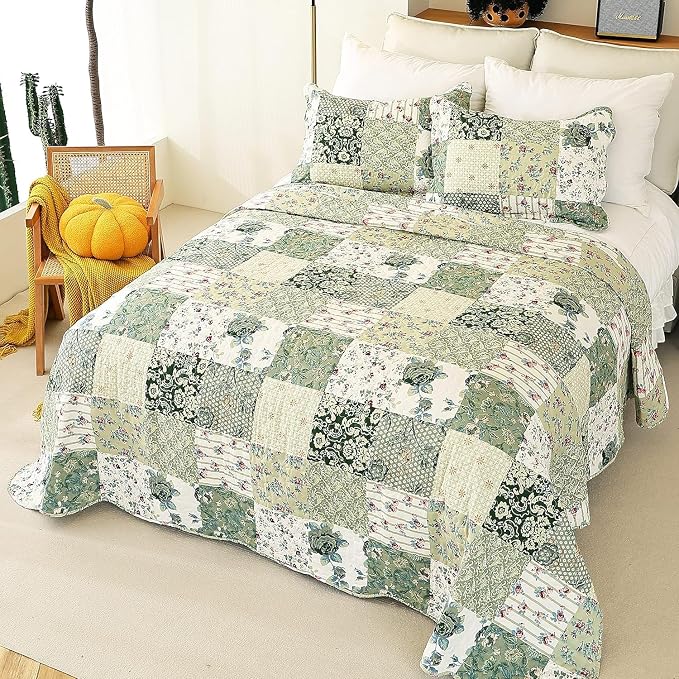 Cmfshape Summer Floral Oversized King Quilted Bedspread, Romantic Green Quilt - Image 3