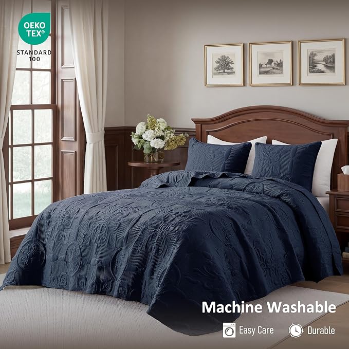 B2EVER Navy Blue Damask Quilt King Size Bedding Sets - Image 2