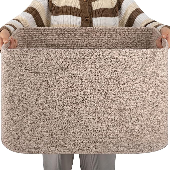 OIAHOMY XXLarge Rectangle Blanket Basket-96L, Cotton Woven Basket by MasterofSpaceOptimization