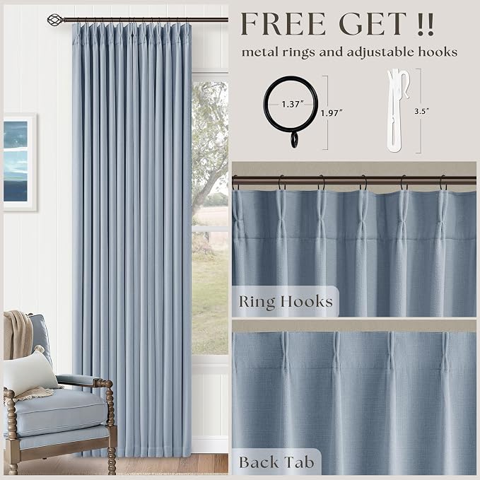 100 Inch Blackout Pinch Pleated Thick Linen Curtains 2 Panel Set | 100% Black - Image 4