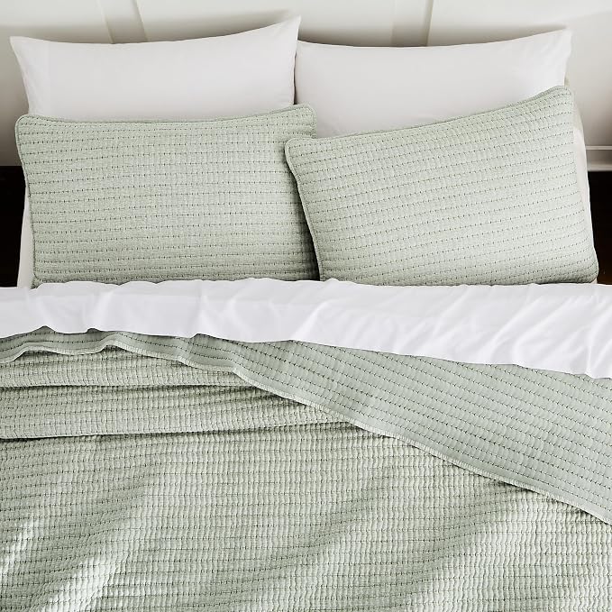 WDCOZY Sage Green Pick Stitch Queen Size Quilt Set, Striped Lightweight Soft by WDCOZY