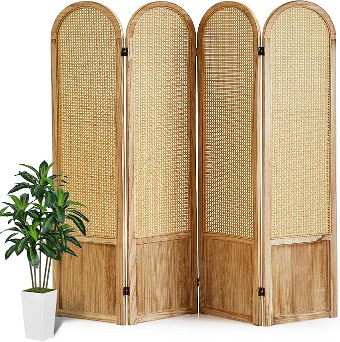Rattan Room Divider, 4 Panel Folding Room Screen Divider, Natural | Woven by AsNefeli