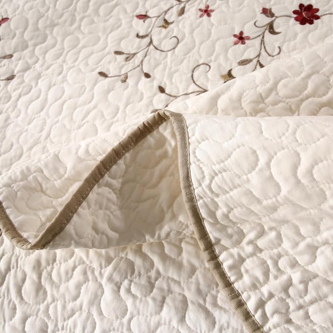 Quilt Set Queen Floral Leaves 3D Embroidery Pattern 3-Piece Cotton Blend | - Image 9