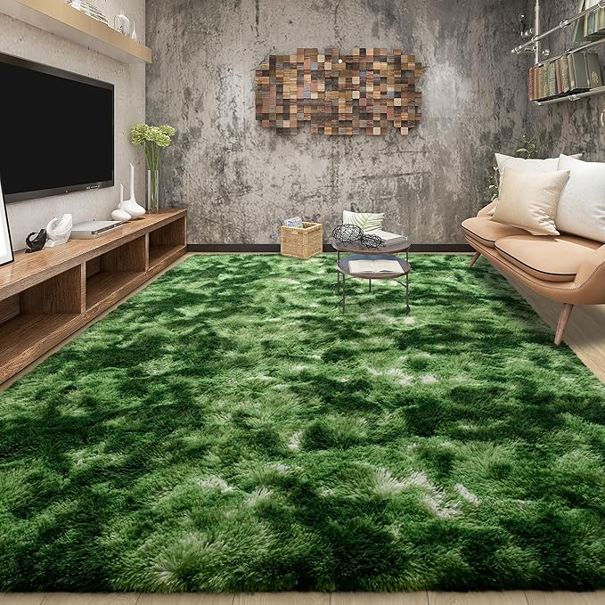 Fluffy Dark Green Rugs for Living Room Bedroom, 5x8 Soft Area Rug Tie-Dyed - Image 3