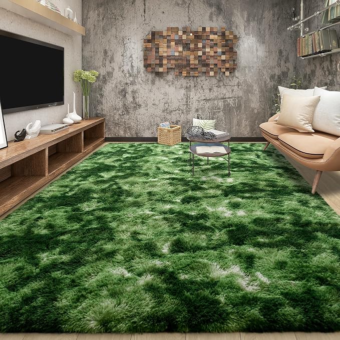 Fluffy Dark Green Rugs for Living Room Bedroom, 6x9 Soft Area Rug Tie-Dyed by Tepook
