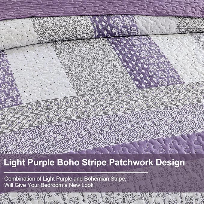 WONGS BEDDING Purple King Quilt Bedding Set, Bohemian Stripe Bedspread | - Image 5