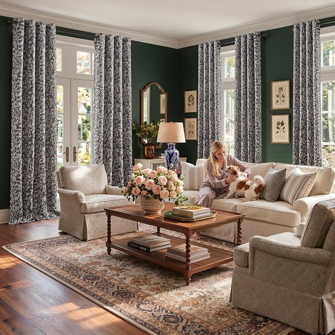jinchan Blue Floral Blackout Curtians 96 Inch Vintage Grommet 2 Panels | Room - Image 8