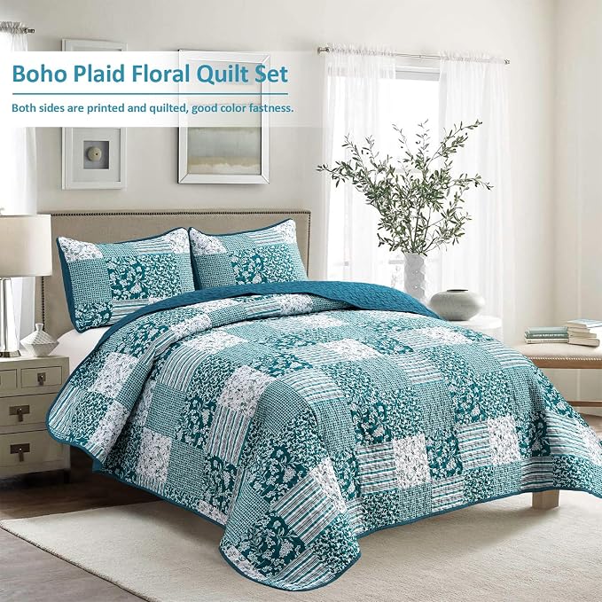 Mybedsoul Teal Blue Quilt Set King Size 3 Pieces Boho Plaid Turquoise Floral - Image 2