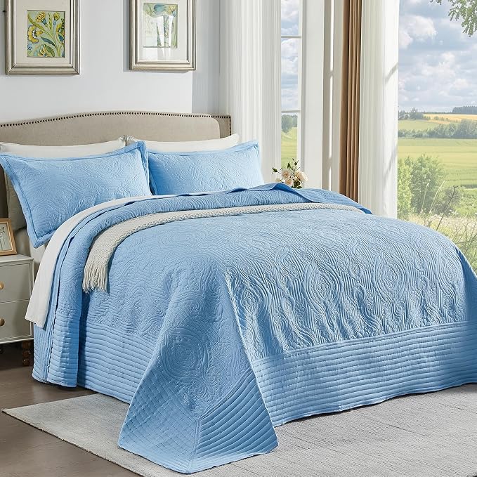 Light Blue Alaska King Quilt 132 x 120, Oversized King Bedspreads, 3 Piece Soft by EnjoyYourLife