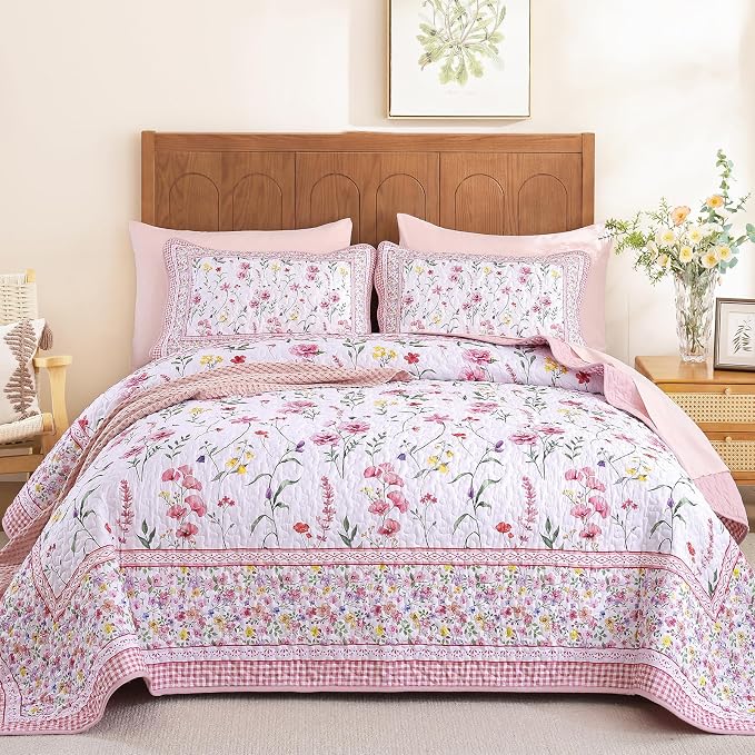 WONGS BEDDING Floral Quilt Set Queen, Microfiber Lightweight Farmhouse Bed by WONGSBEDDING