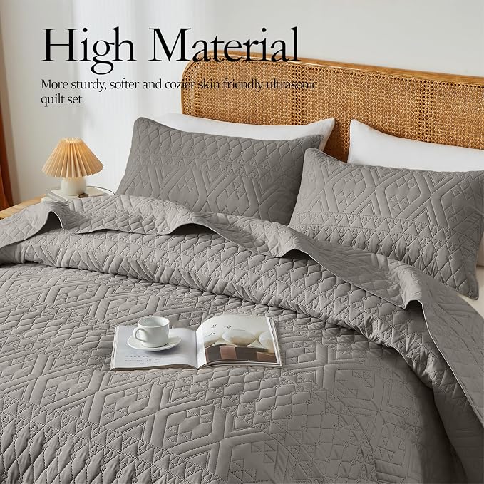 akkialla Full/Queen Size Quilt Bedding Set, Dark Grey Lightweight Microfiber - Image 3