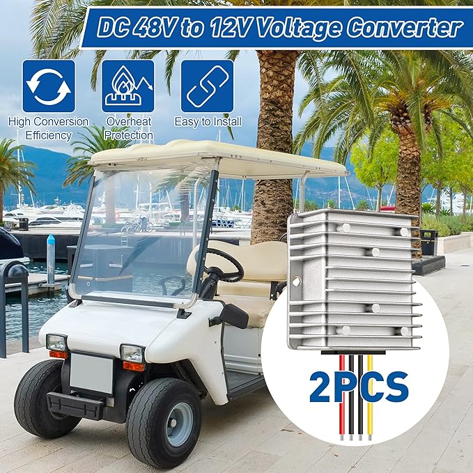 Dreyoo 2 Pack 36V 48V to 12V Converter Golf Cart Voltage Reducer, 10A 120w DC to DC Buck Converter 12 Volt Voltage Regulator for Golf Cart Car Audio LED Strip Light Universal Power Stabilizer