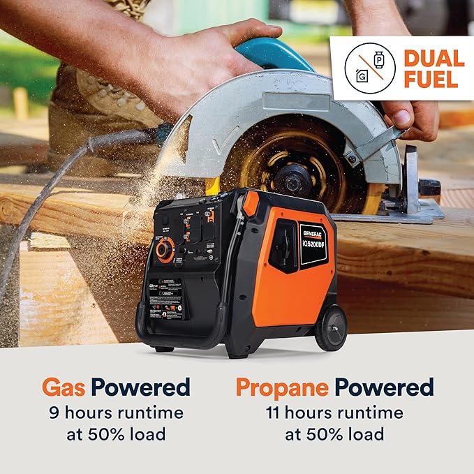 Generac 5,200-Watt Dual-Fuel Portable Inverter Generator - Gas and Propane Compatible - Quiet Operation - Clean, Stable Power - CA Compliant - Great for Home Backup, Camping, and RV Use