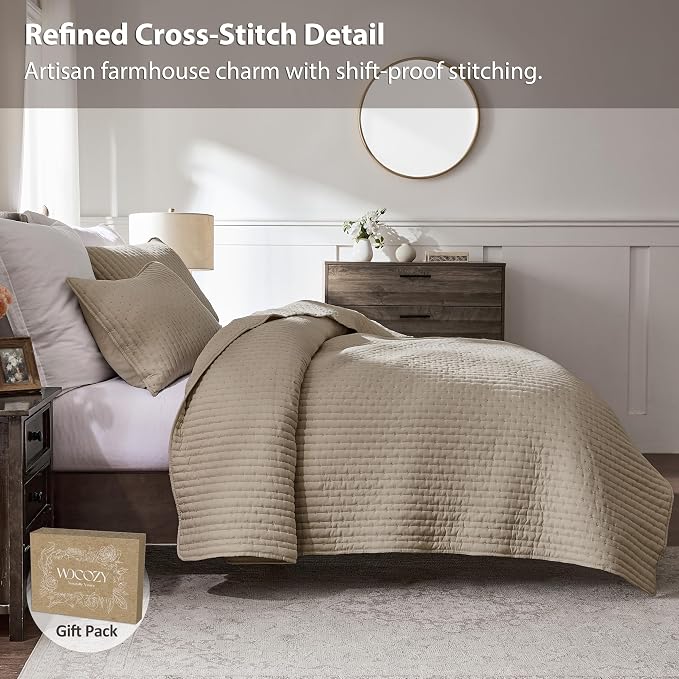WDCOZY Dark Beige Cross Stitch King Size Quilt Set, Striped Lightweight Soft - Image 3