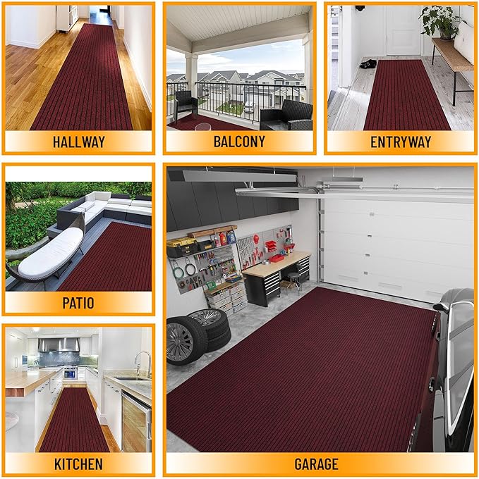 Ottomanson 2' x 11' Hallway Runner with Scraper Pile - Extra Durable Non-Slip Rug Mat for Indoor & Outdoor Use - Ideal for Kitchen, Entryway, Patio & Garage - High-Traffic Carpet, Red