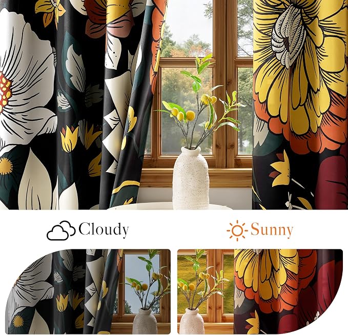 NICETOWN Black Boho Floral Curtains 100% Blackout - Image 8