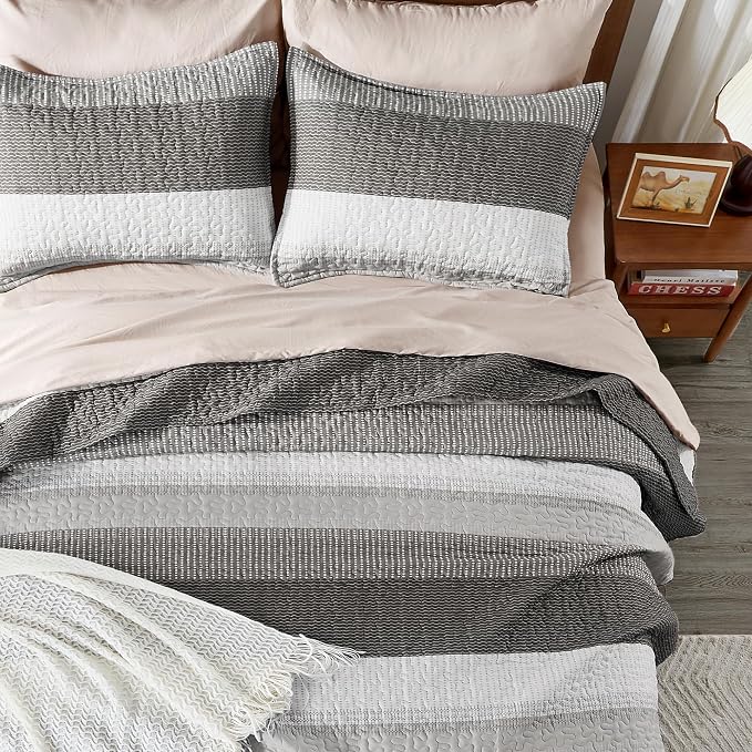 Queen Quilt Set Dark Grey, 3 Pieces Striped Bedspread | Ultra Soft Summer - Image 7