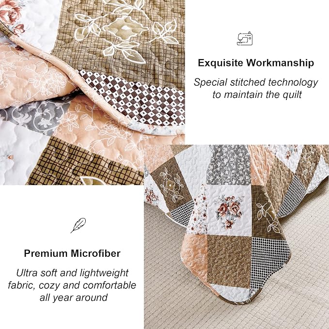 Dinjoy Floral Plaid Patchwork Quilt Set California King Size, Reversible Brown - Image 4