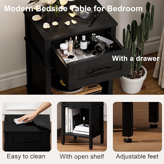 Black Nightstand with Drawers, Small Night Stand, Bedside Table with Drawers - Image 5